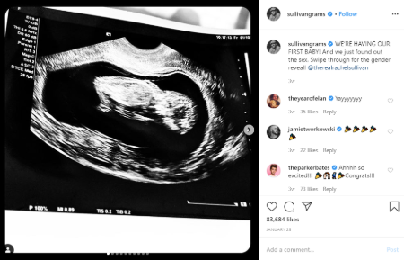 Announcement of Chris and Rachel's first child on Instagram